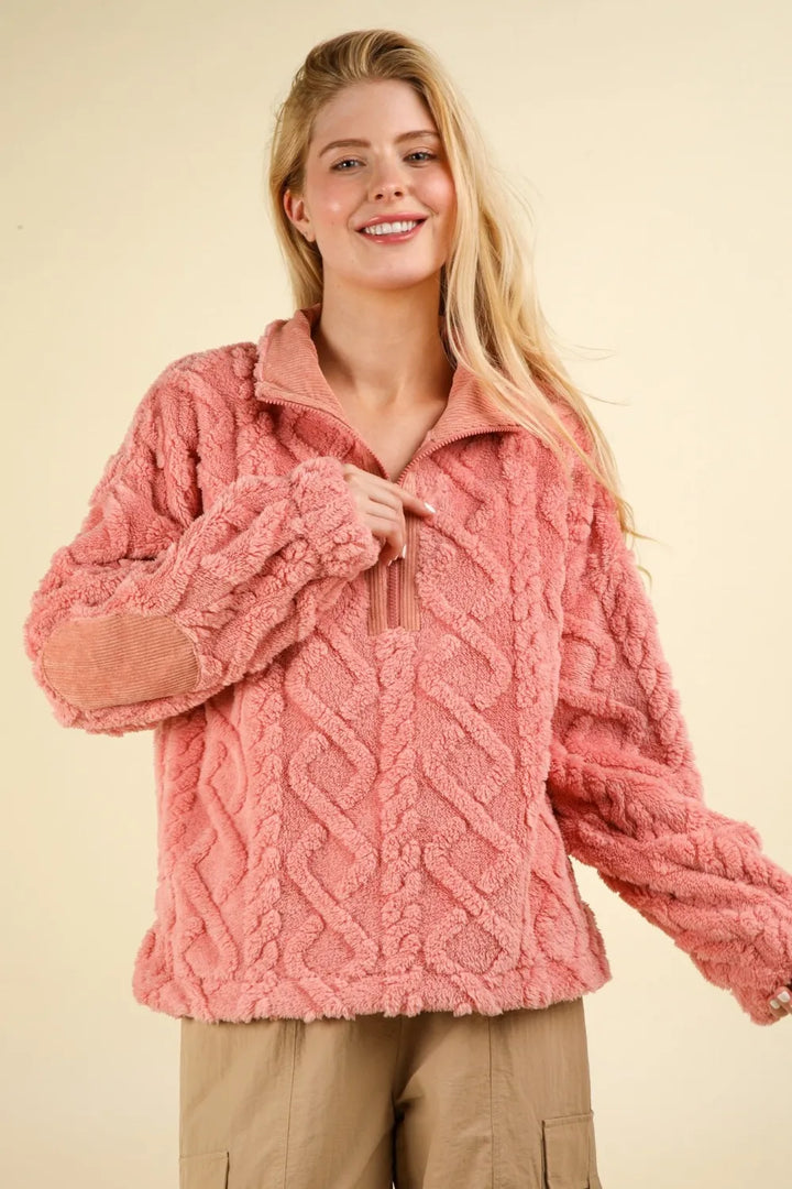 VERY J Fuzzy Fleece Half Zip Cable Pattern Sweatshirt Sweatshirts