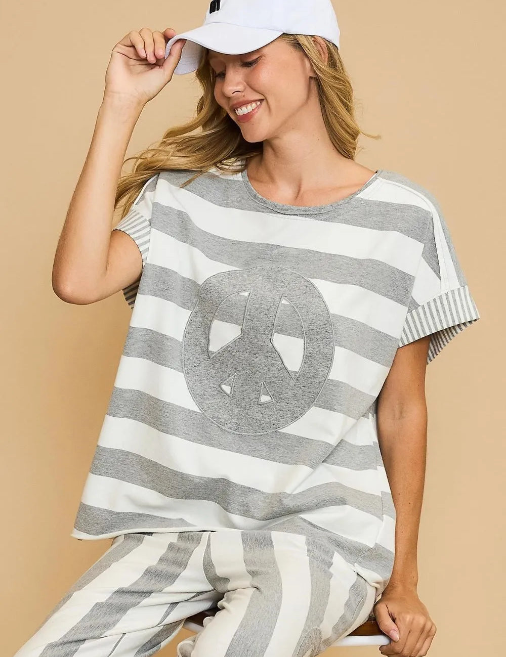 Gray Umgee Peace Sign Patch Striped French Terry T-Shirt | T-Shirts Daverri Fashions