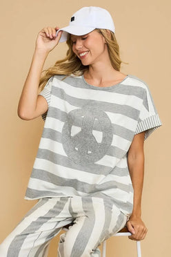 Umgee Peace Sign Patch Striped French Terry T-Shirt - DAVERRI FASHIONS