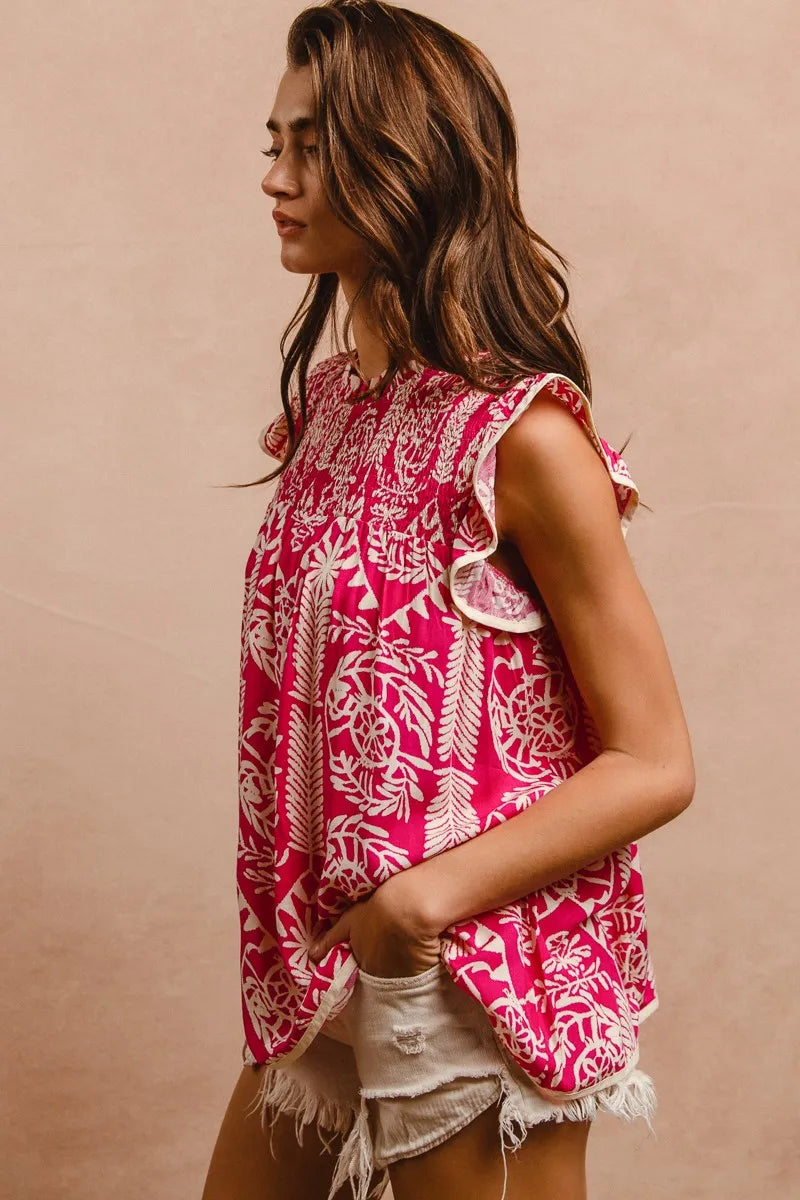BiBi printed pink ruffle sleeve top with white botanical print