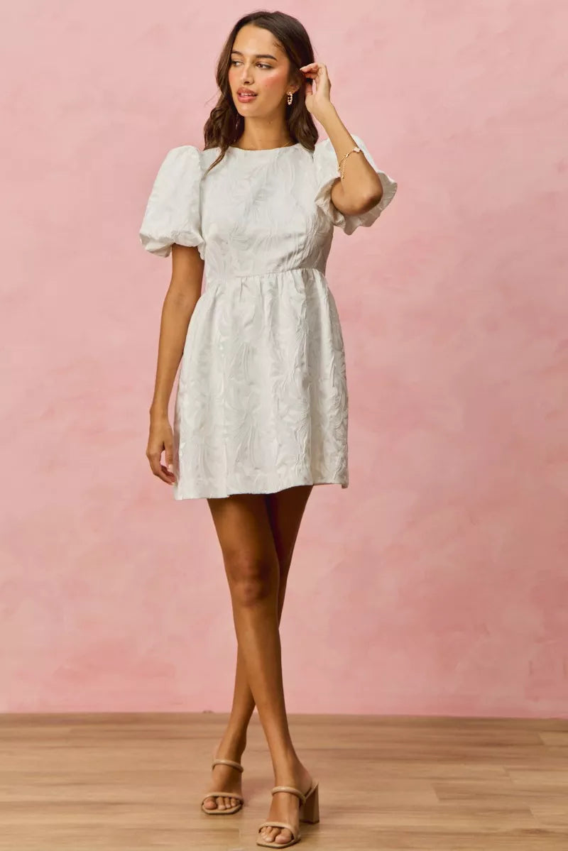 White textured SO ME floral jacquard mini dress with puffed sleeves and gathered waist