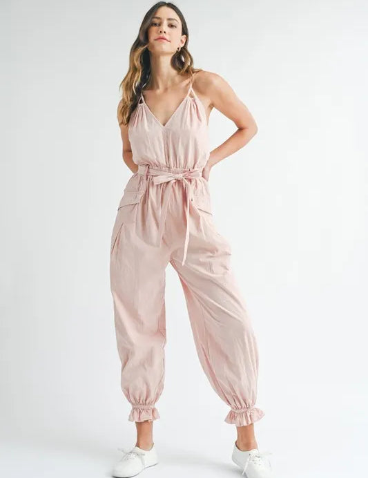MABLE Washed Fabric Spaghetti Strap Waist Belted Jumpsuit | Jumpsuits Daverri Fashions