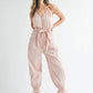 MABLE Washed Fabric Spaghetti Strap Waist Belted Jumpsuit Jumpsuits