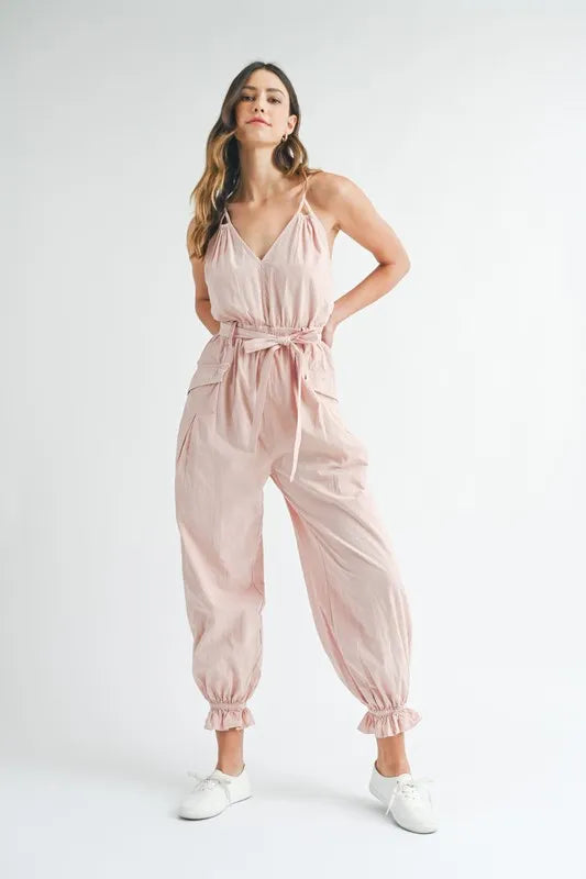 MABLE Washed Fabric Spaghetti Strap Waist Belted Jumpsuit Jumpsuits