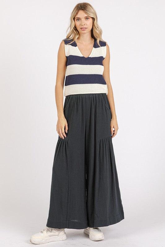 Mittoshop Gauze Elastic Waist Pleated Wide Leg Pants Pants