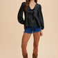 Annie Wear Black Tie Front Peplum Long Sleeve Denim Top - DAVERRI FASHIONS
