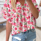 Pink floral boxy fit ruffled short sleeve blouse with v-neckline