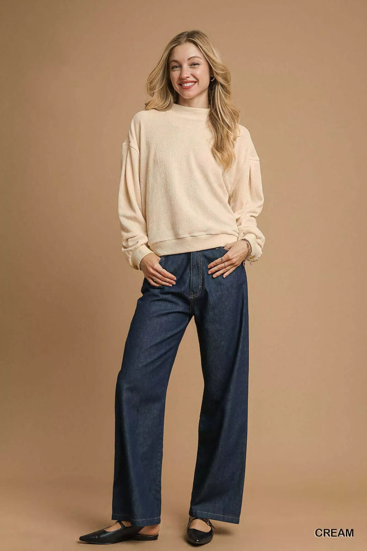 Umgee Velour Crewneck Balloon Sleeve Sweatshirt | Daverri Fashions