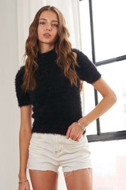 ADORA Fuzzy Mock Neck Short Sleeve Sweater