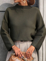 Army Green Mock Neck Drop Shoulder Knit Top | Knit Tops Daverri Fashions