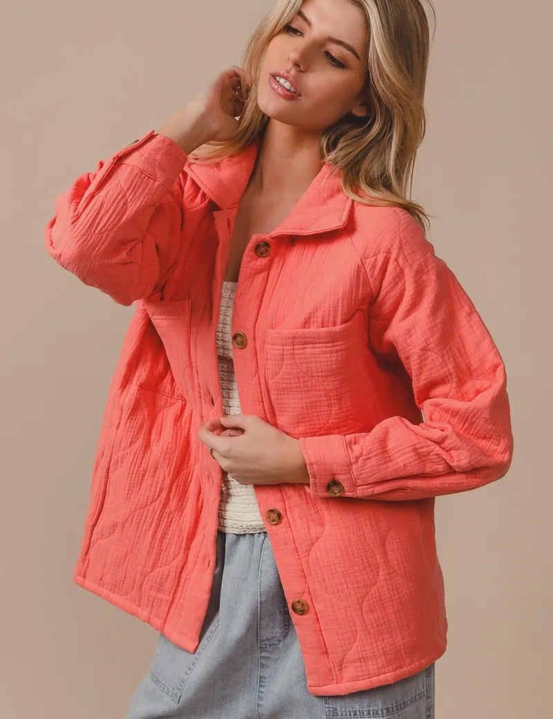 BiBi Quilted Wrinkle Gauze Long Sleeve Shacket | Shackets Daverri Fashions
