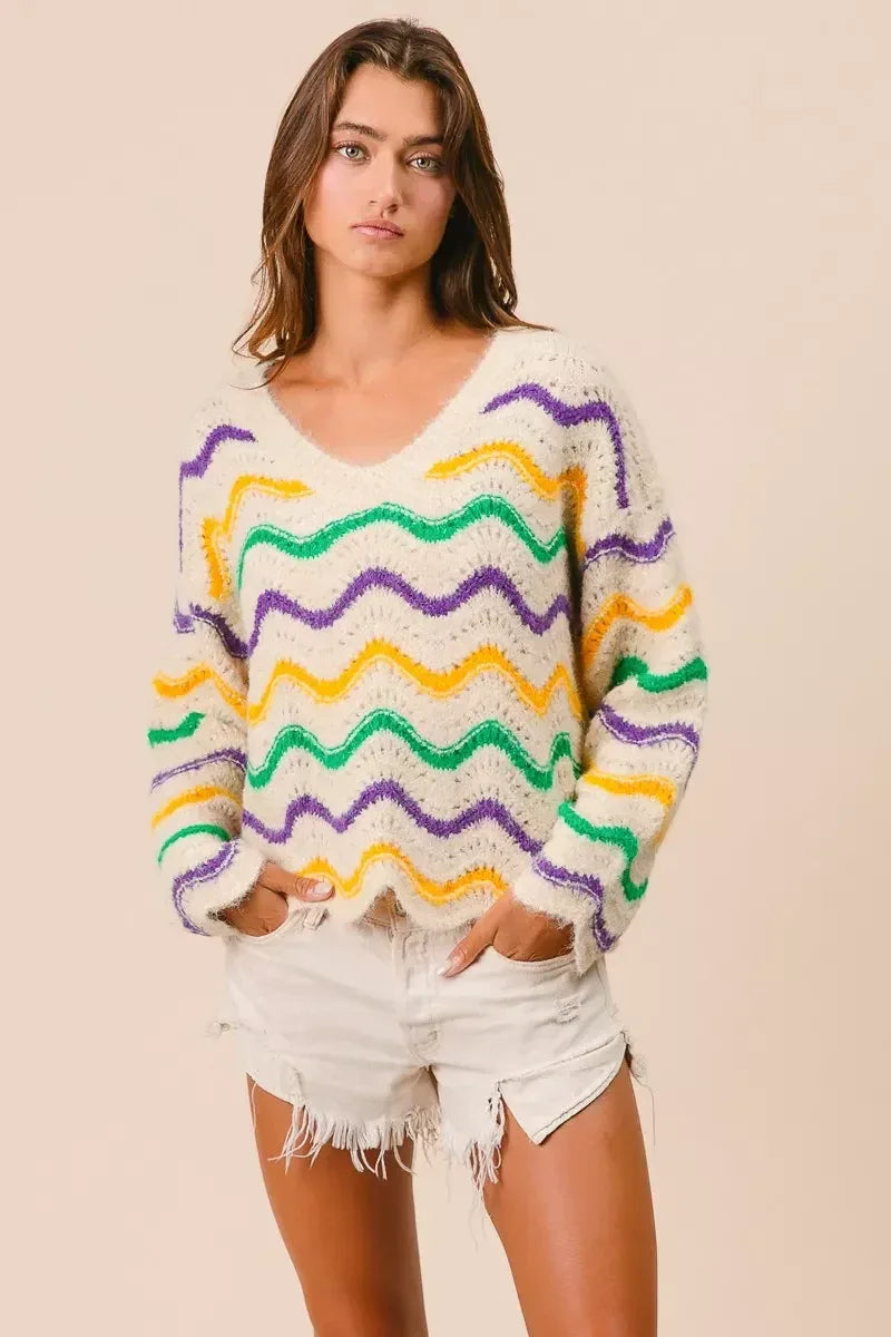BiBi Mardi Gras Wavy Stripes V-Neck Sweater - DAVERRI FASHIONS