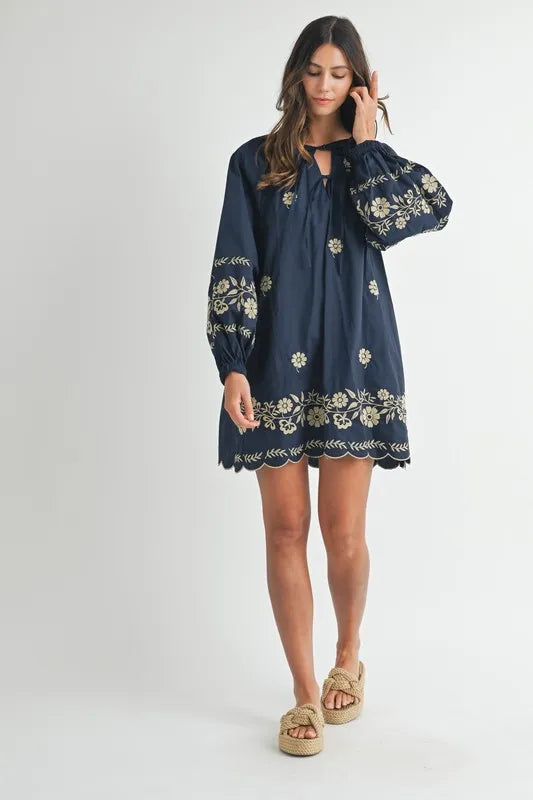 MABLE Embroidered Long Sleeve Peasant Mini Dress Mini Dresses