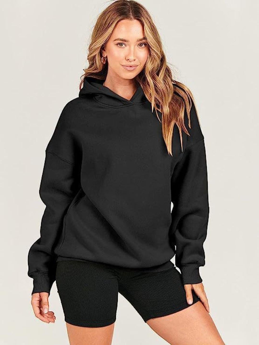 Dropped Shoulder Long Sleeve Hoodie Black Tops