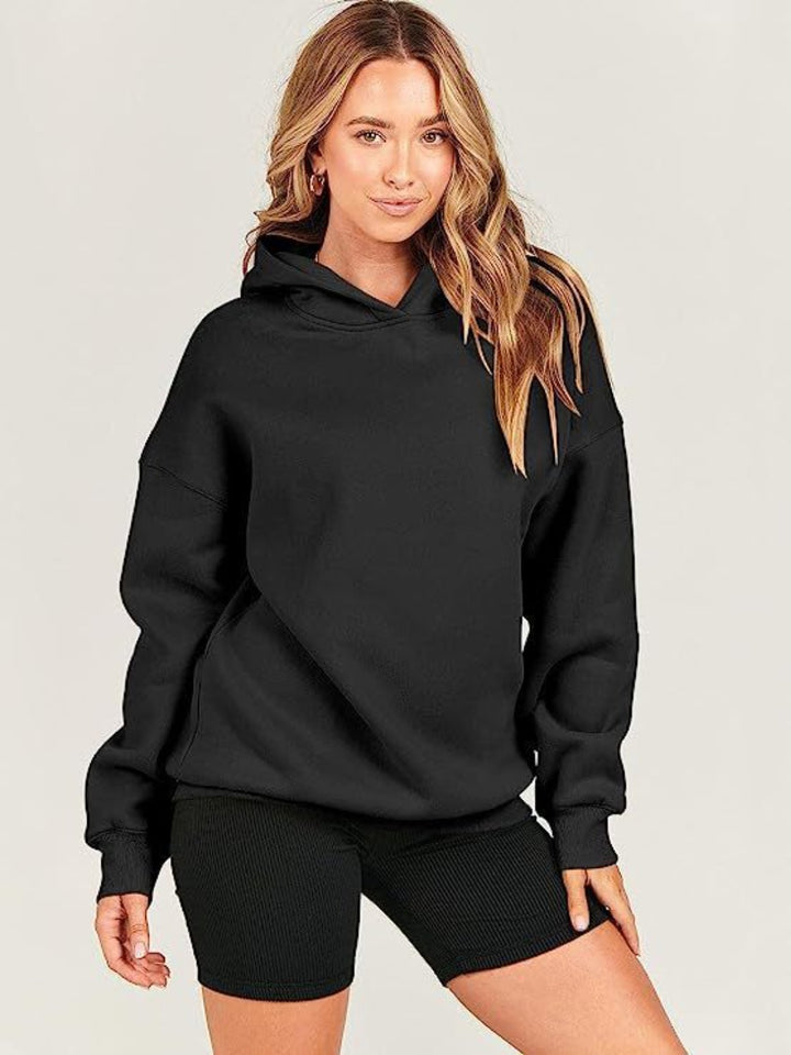 Dropped Shoulder Long Sleeve Hoodie Black Tops