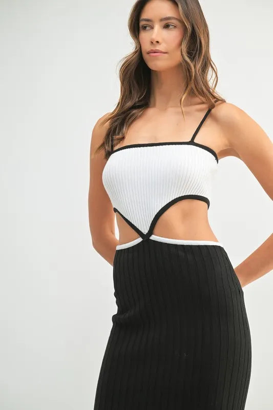 MABLE Black Ribbed Knit Color Block Cutout Midi Dress Midi Dresses