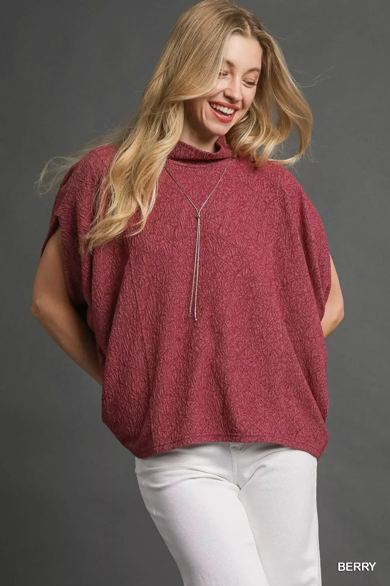 Umgee Textured Mock Neck Relaxed Top - DAVERRI FASHIONS