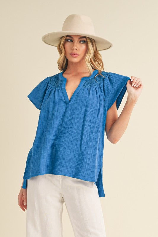 Aemi + Co Embroidered Trim Side Slit Notched Short Sleeve Blouse Royal Blue Blouses