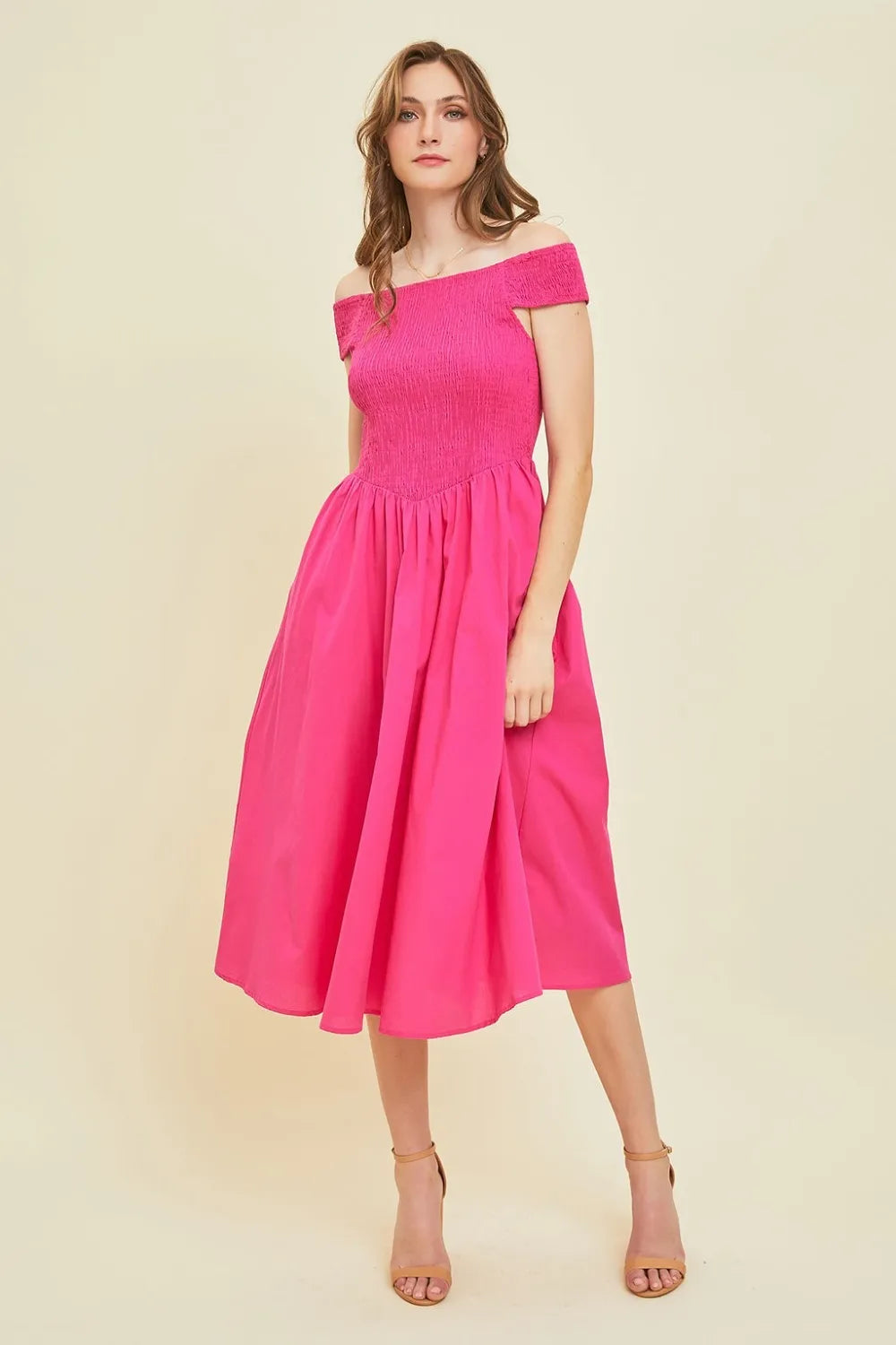 HEYSON Off-Shoulder Smocked Midi Dress Fuchsia Midi Dresses