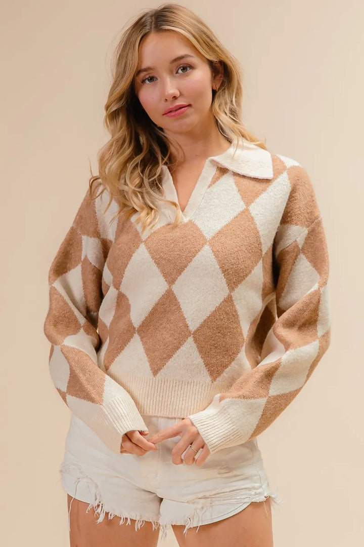 BiBi Diamond Pattern Collared Notch Neck Sweater Sweaters