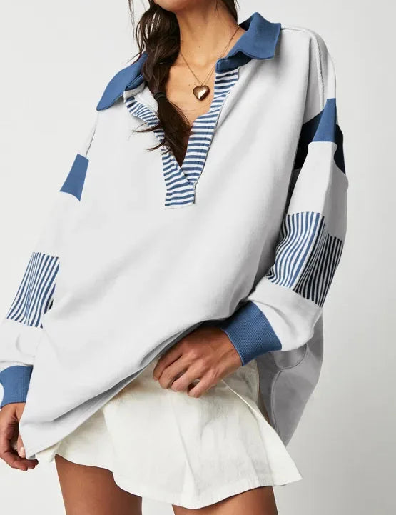 Daverri Fashions Color Block Johnny Collar Long Sleeve Sweatshirt - DAVERRI FASHIONS