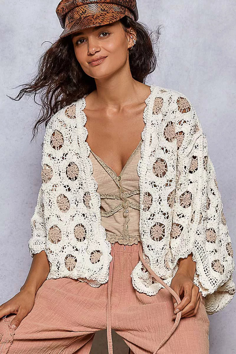 POL Openwork V-Neck Chenille Cardigan with Contrast Floral | Cardigans Daverri Fashions