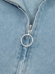 Elastic Edge Collared Zip Up Denim Jacket With Pocket | Denim Jackets Daverri Fashions