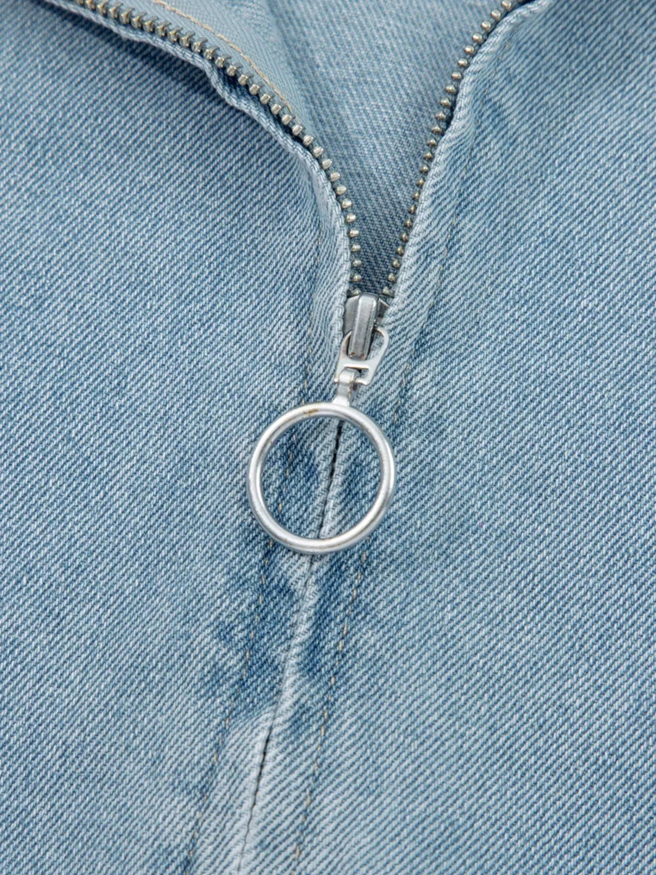 Elastic Edge Collared Zip Up Denim Jacket With Pocket - DAVERRI FASHIONS