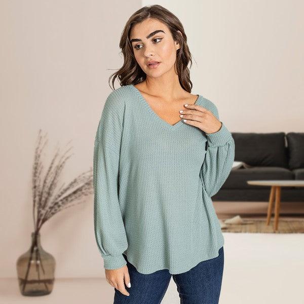 Balloon Sleeve V Neck Top sage Shirts & Tops