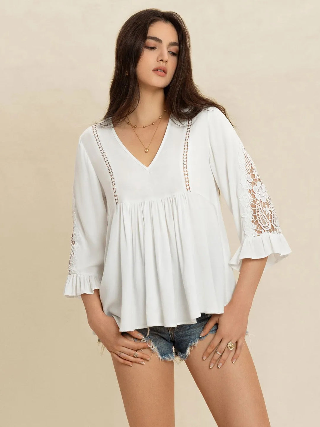 White V-Neck Lace Flounce Sleeve Top | Blouses Daverri Fashions