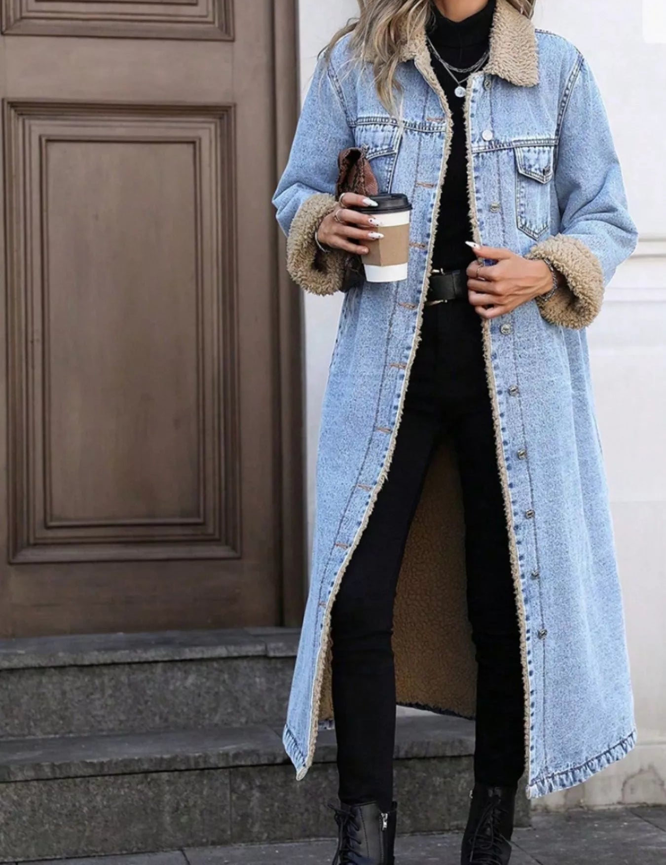 Sherpa Lined Longline Denim Jacket in Light Blue Oversized Fit