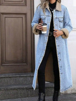 Daverri Fashions Sherpa Lined Longline Denim Jacket - DAVERRI FASHIONS