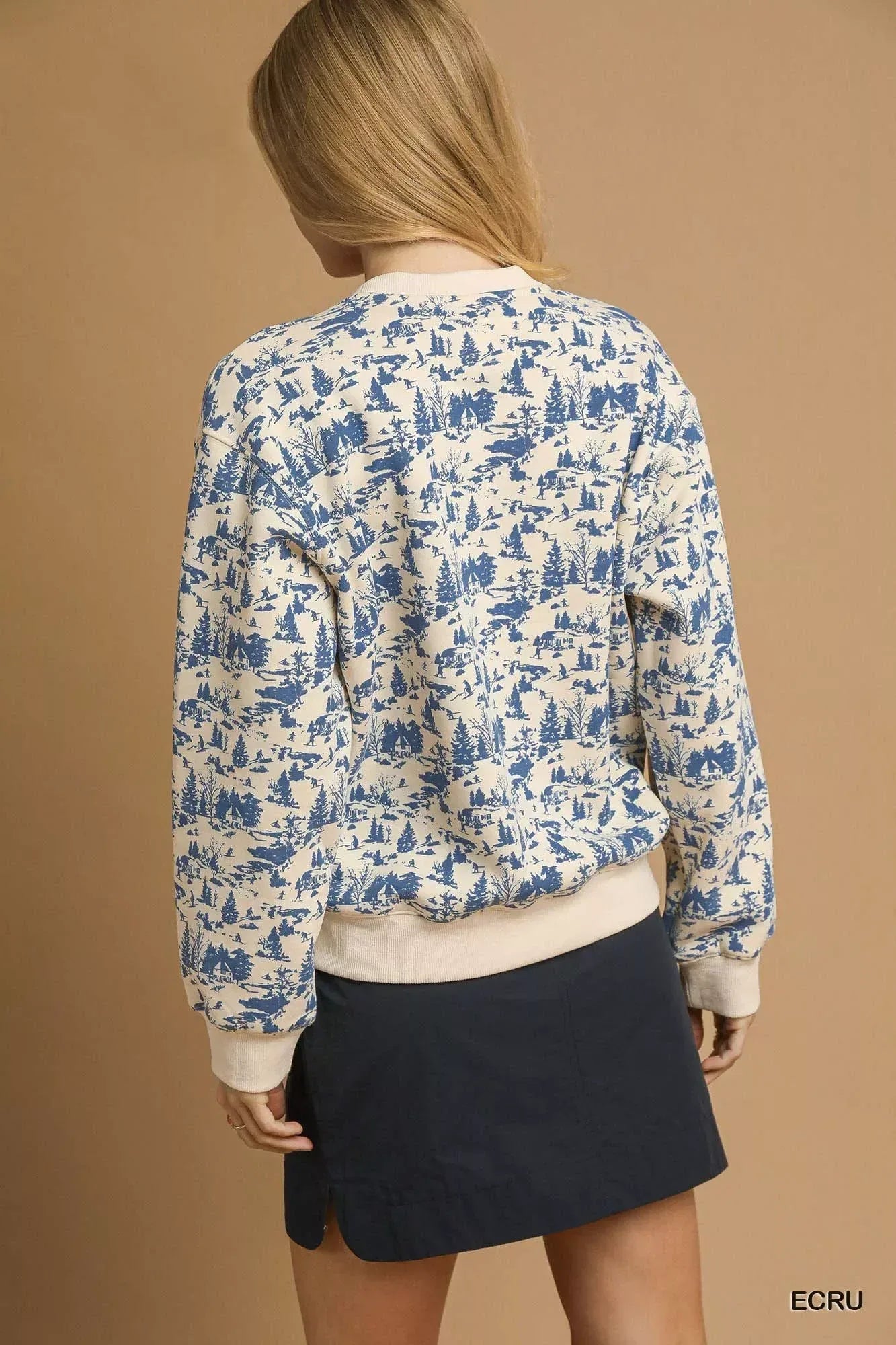 Umgee Scenic Print Cropped Sweatshirt Ecru - DAVERRI FASHIONS