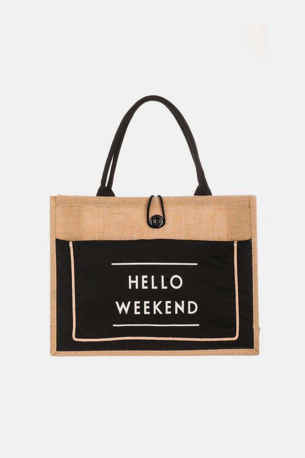 Hello Weekend Burlap Tote Bag Handbags