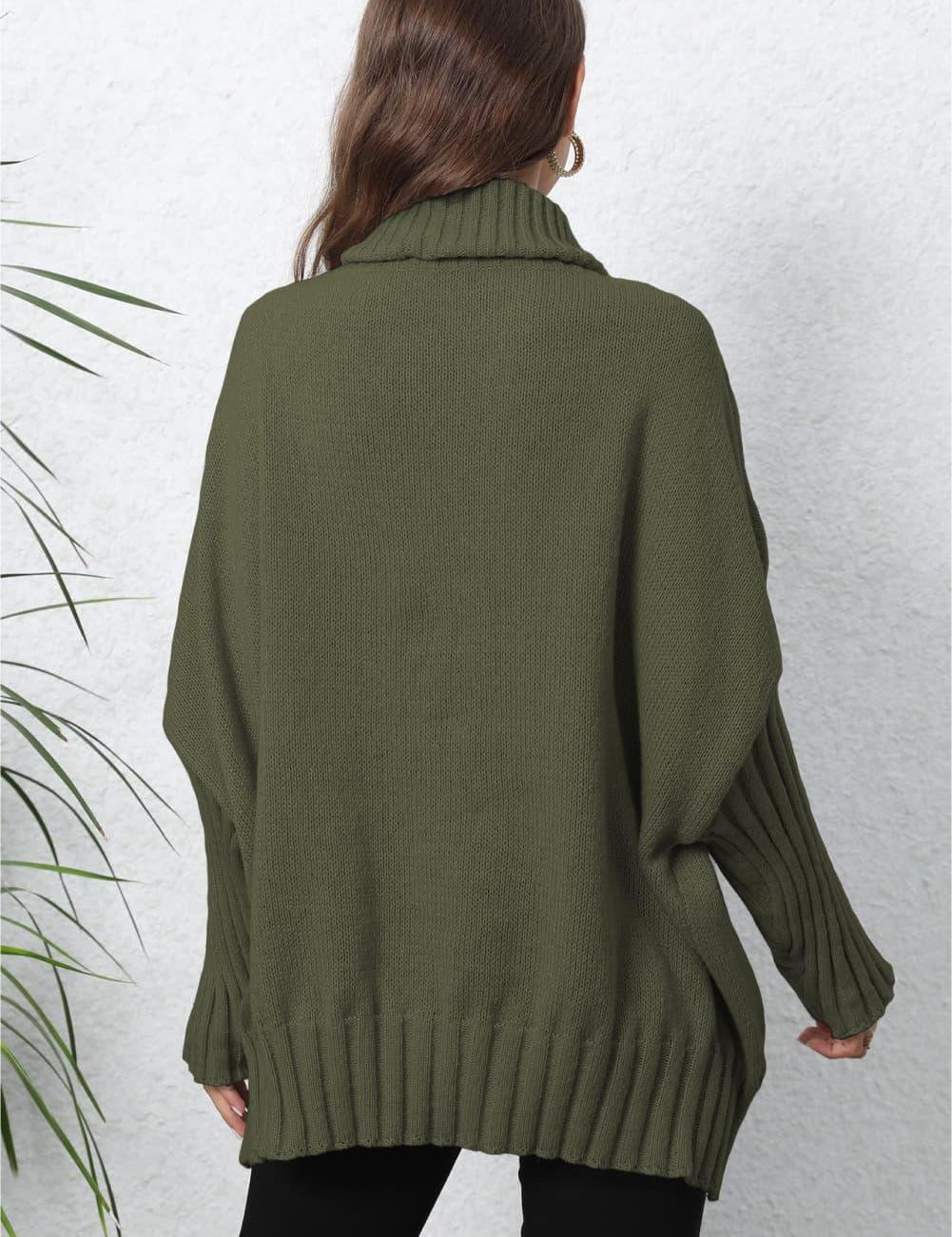 Olive green oversized turtleneck sweater with ribbed long sleeves