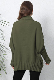 Olive green oversized turtleneck sweater with ribbed long sleeves