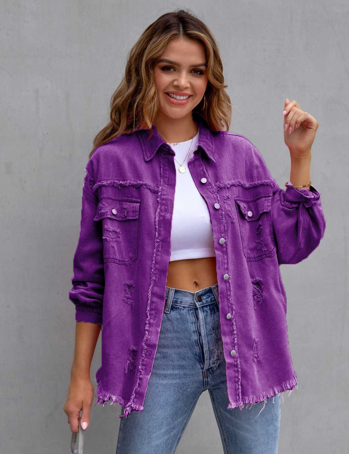 Purple Distressed Drop Shoulder Denim Jacket | Denim Jackets Daverri Fashions