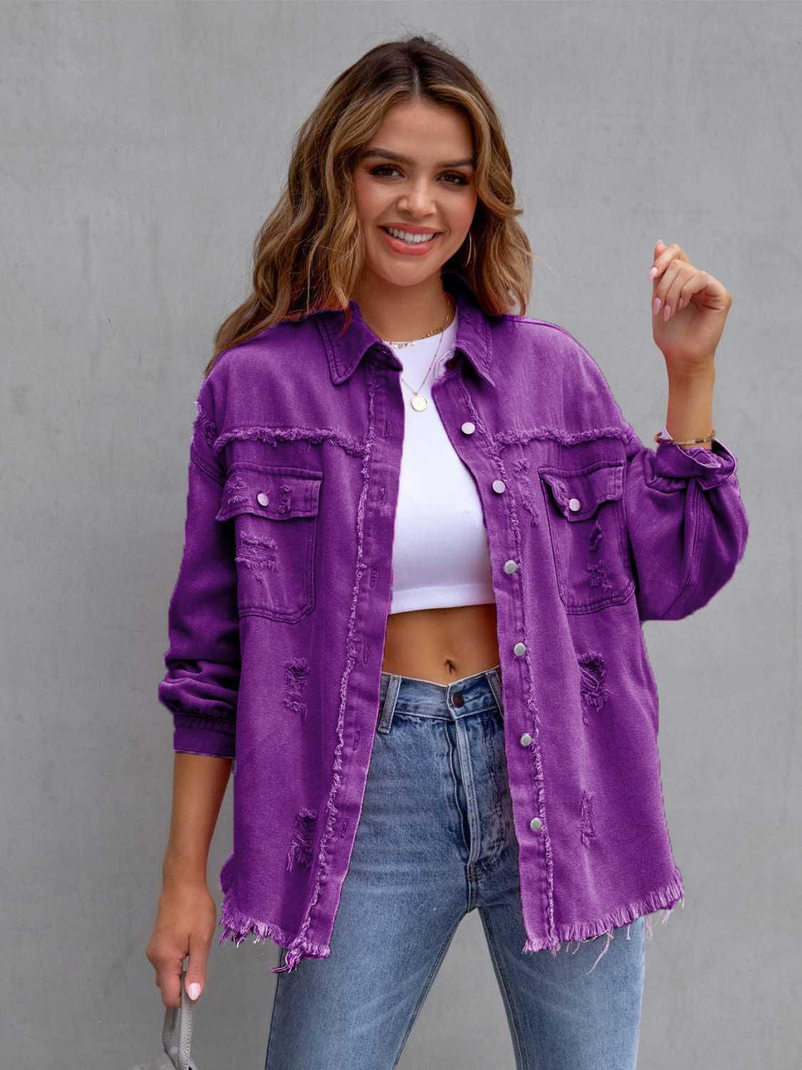 Distressed Drop Shoulder Denim Jacket - DAVERRI FASHIONS