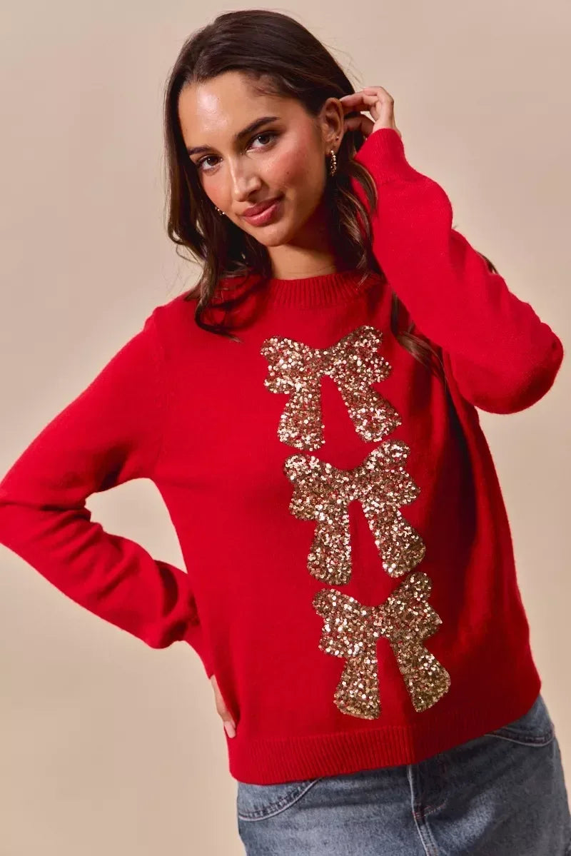 SO ME Sequins Bow Ribbon Embellished Christmas Sweater - DAVERRI FASHIONS