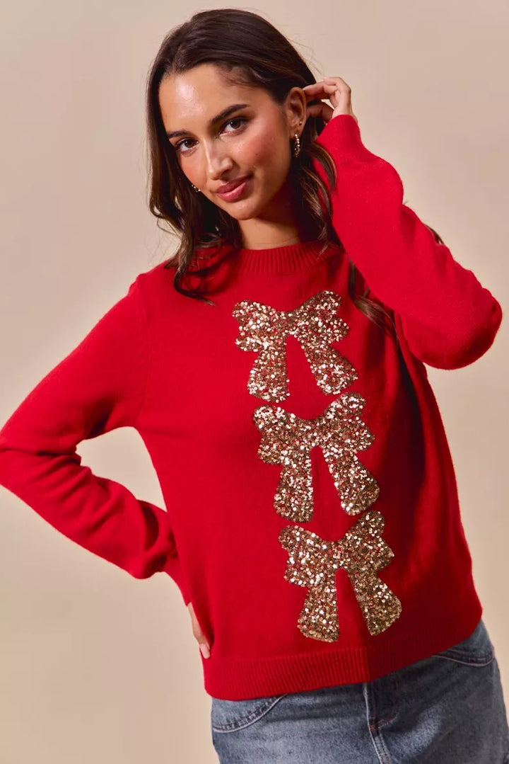 SO ME Sequins Bow Ribbon Embellished Christmas Sweater | Daverri Fashions