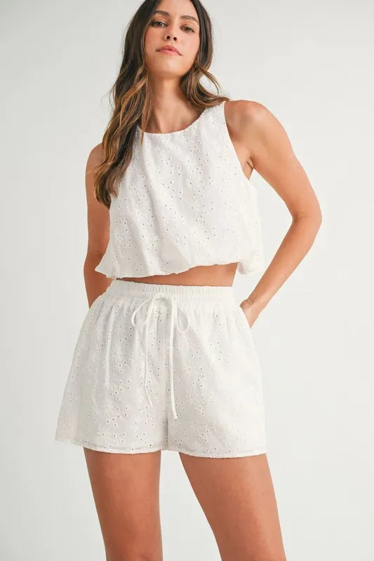 MABLE Eyelet Bubble Hem Sleeveless Top and Shorts Set Off White M Outfit Sets