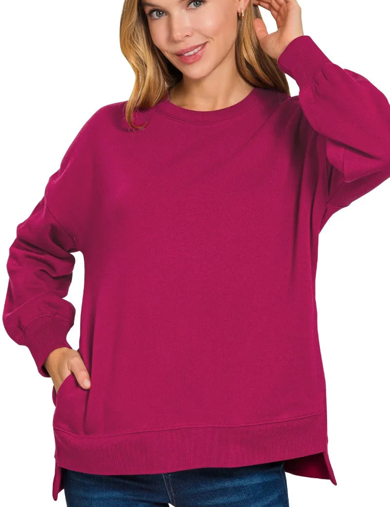 Zenana Fleece Hi-low Boyfriend Sweatshirts with Pockets | Sweatshirts Daverri Fashions