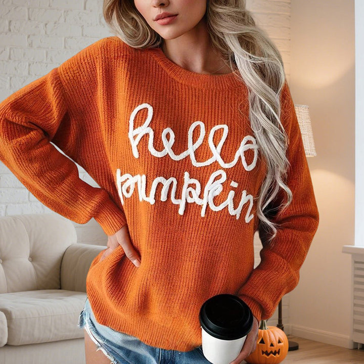 Orange Hello Pumpkin Round Neck Long Sleeve Sweater | Sweaters Daverri Fashions