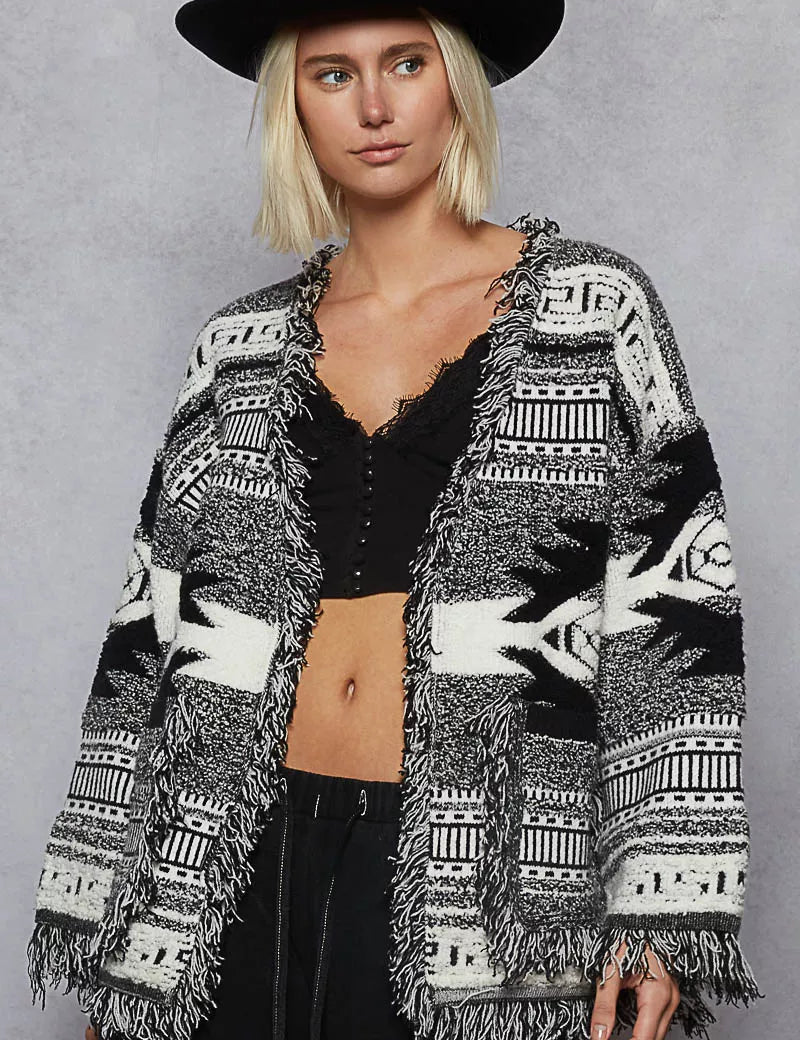 POL Open Front Geometric Print Cardigan with Fringe Detail | Cardigans Daverri Fashions