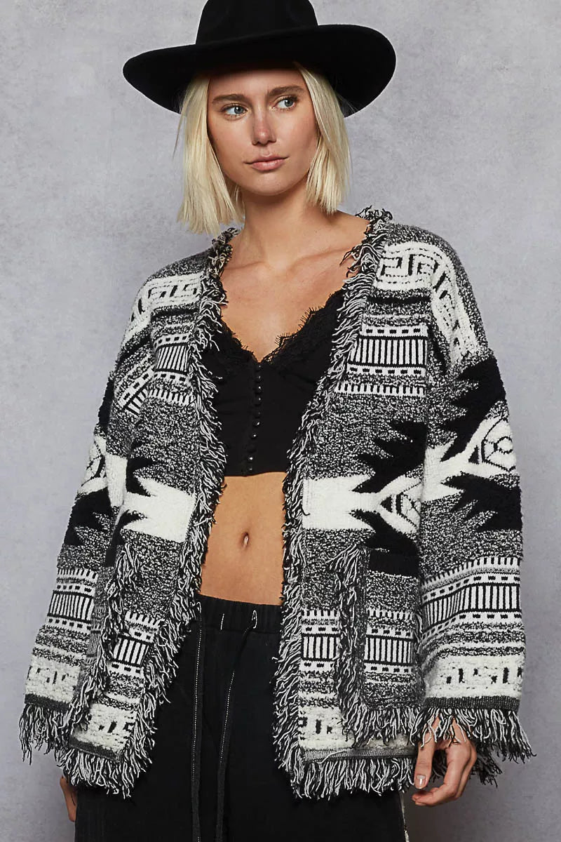 POL Open Front Geometric Print Cardigan with Fringe Detail | Cardigans Daverri Fashions