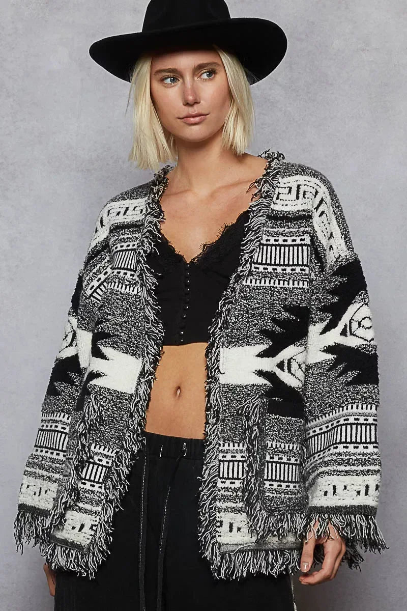 POL Open Front Geometric Print Cardigan with Fringe Detail - DAVERRI FASHIONS