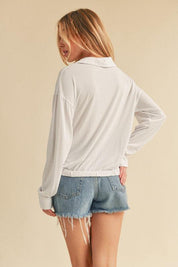 Aemi + Co Twisted Hemline Button Detail Collared Neck Top | Tops Daverri Fashions