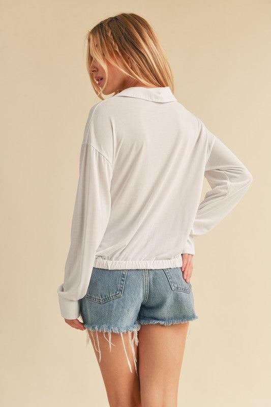 Aemi + Co Twisted Hemline Button Detail Collared Neck Top | Tops Daverri Fashions