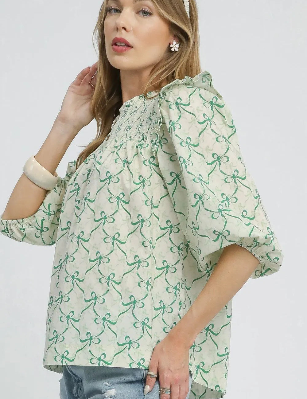 Umgee Ruffled Bow Print Notched Blouse | Daverri Fashions