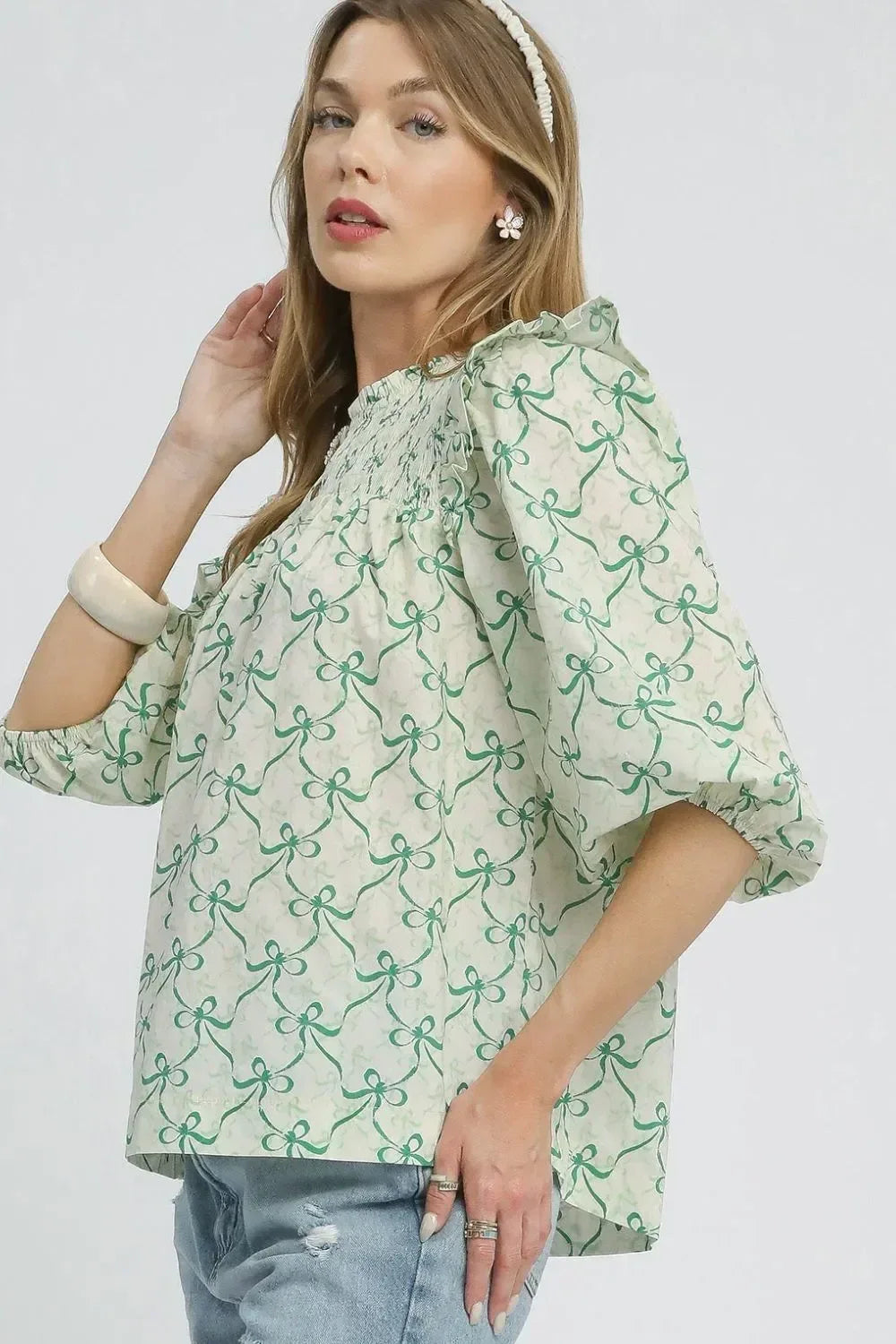 Umgee Ruffled Bow Print Notched Blouse - DAVERRI FASHIONS